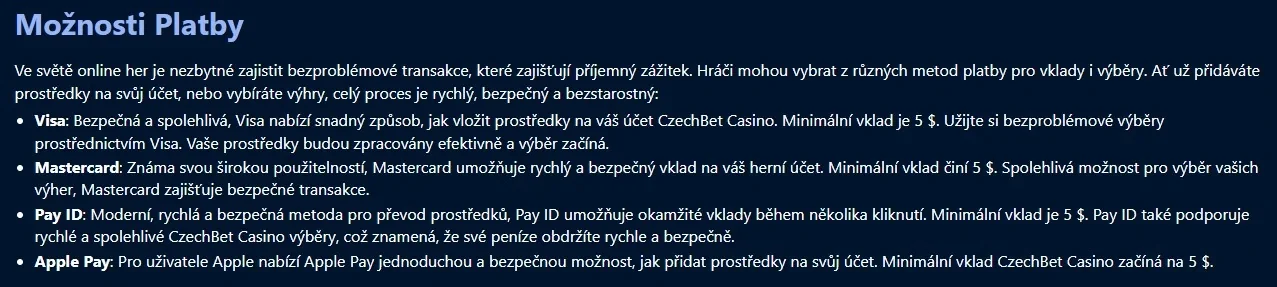 Platební nebo pokladní sekce CzechBet s dostupnými vkladovými metodami