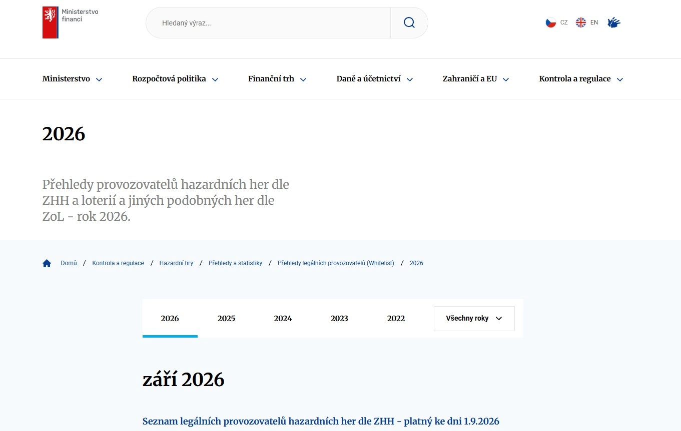 Aktuální stránka Ministerstva financí se seznamem legálních provozovatelů hazardních her